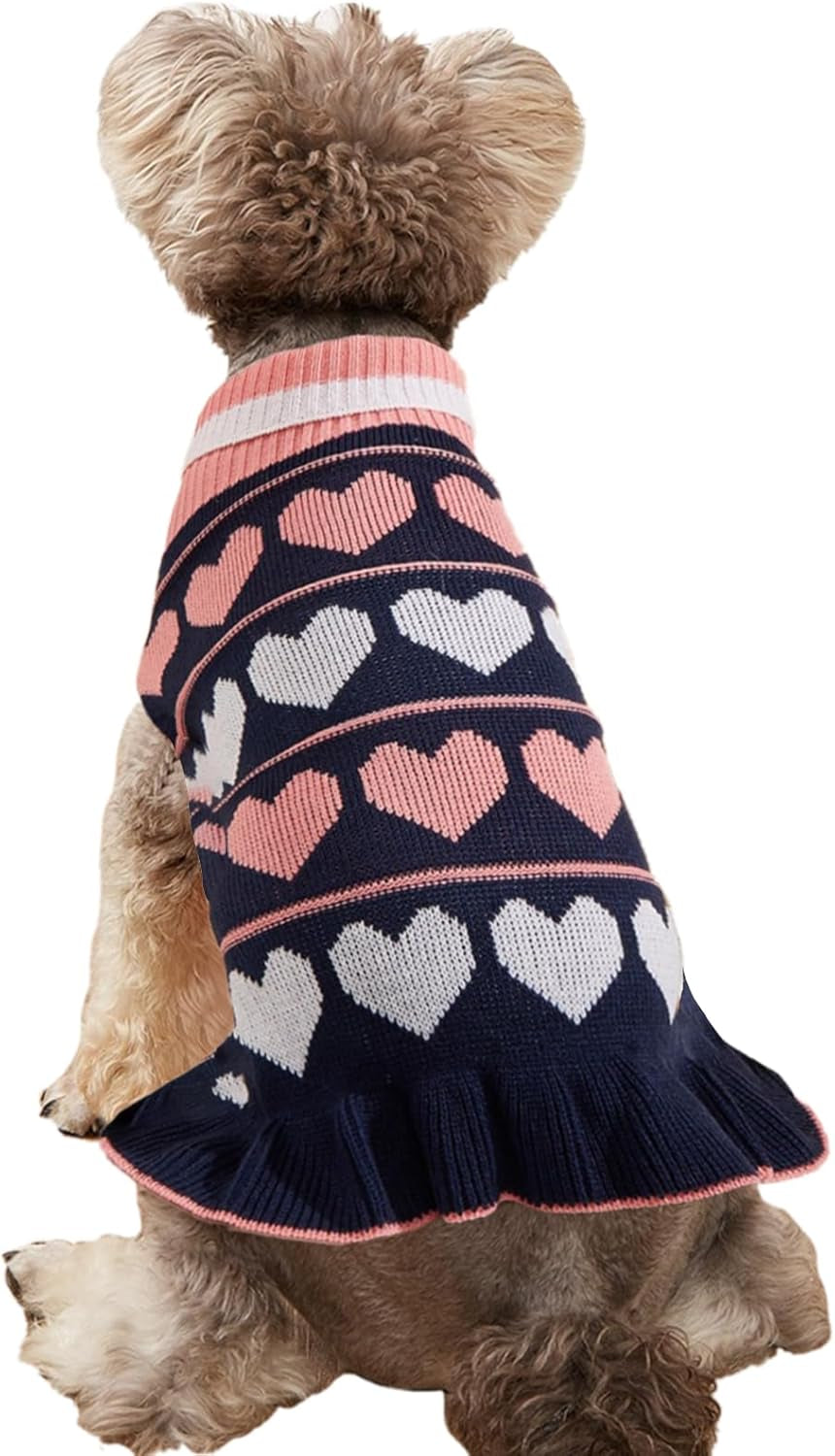 Pet Dog Long Sweaters Dress Knitwear Turtleneck Pullover Warm Winter Puppy Sweater Long Dresses (Grey Heart, Small)