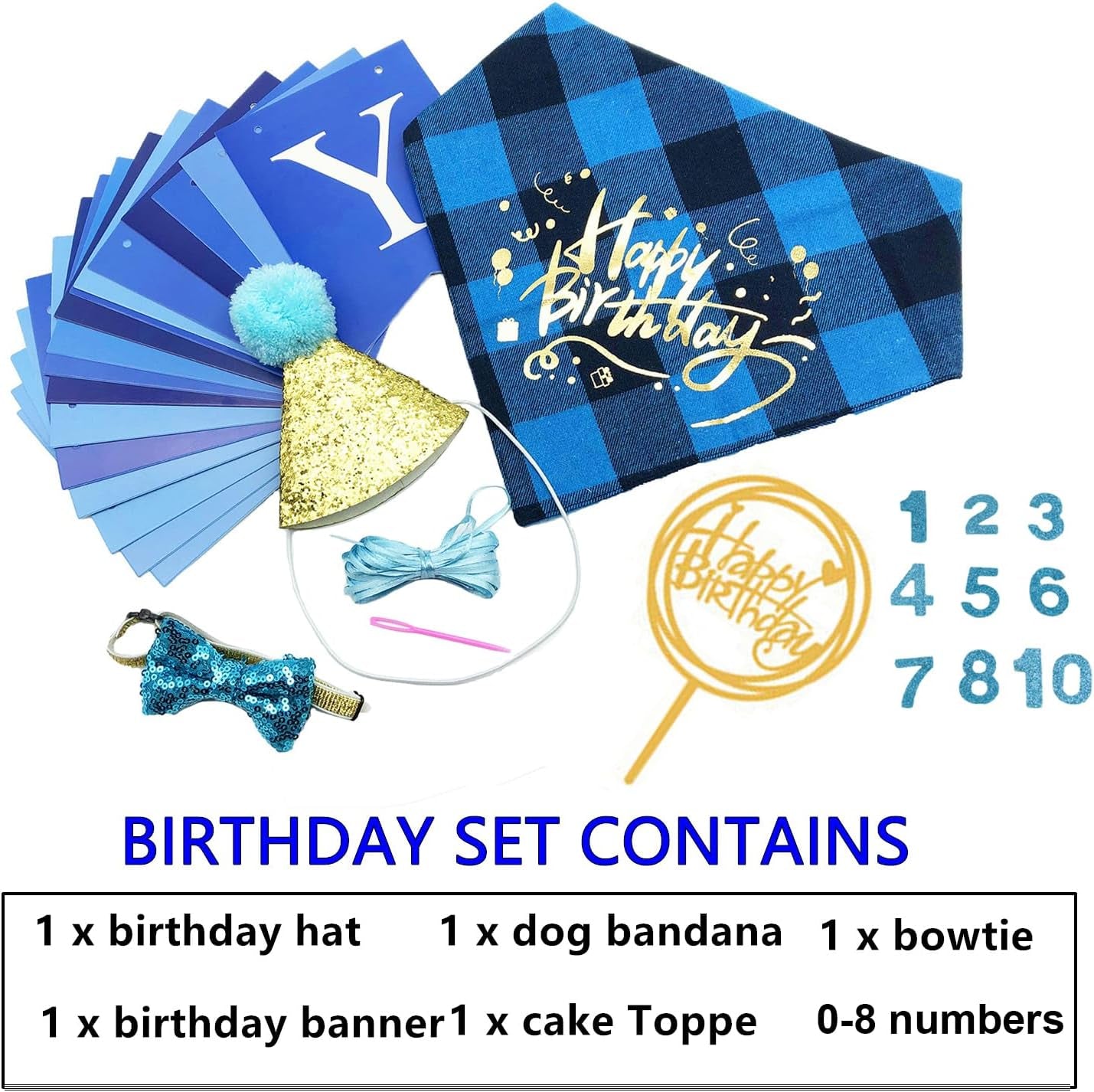 Dog Birthday Celebration Kit - First Birthday Bandana, Hat, and Banner for Small to Medium Dogs (Blue)