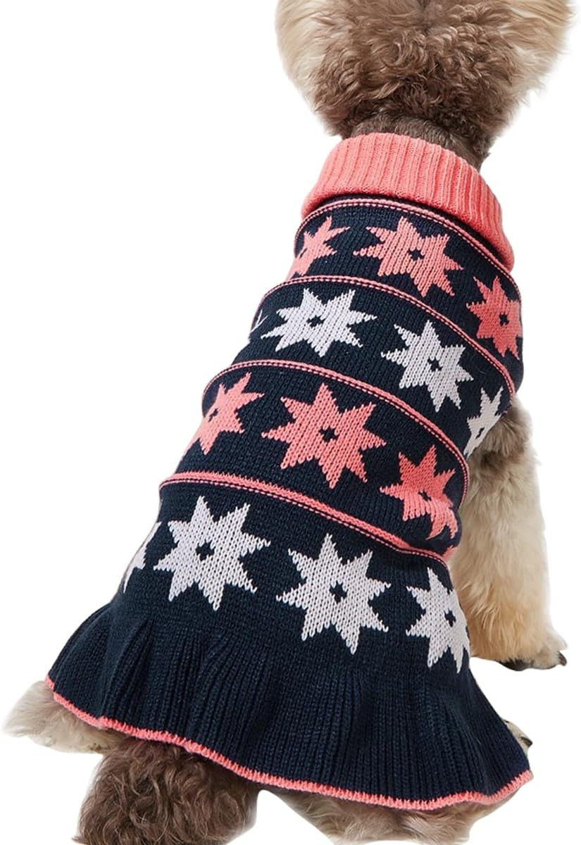 Pet Dog Long Sweaters Dress Knitwear Turtleneck Pullover Warm Winter Puppy Sweater Long Dresses (Grey Heart, Small)