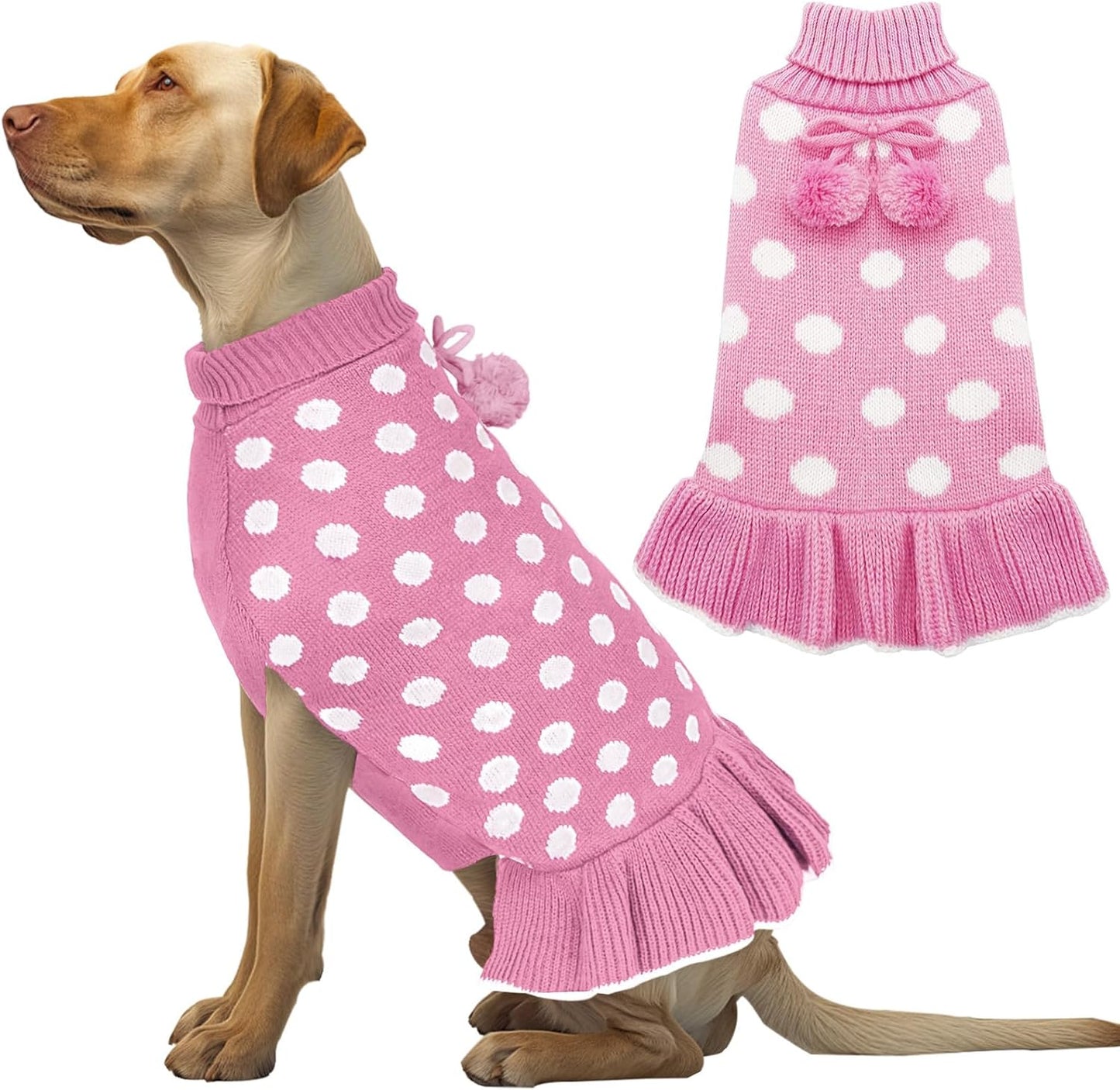 Dog Sweaters with Leash Hole for Small Dogs Turtleneck Dog Sweater Dress for Girl Polka Dot Knit Pullover Doggie Sweater Warm Pet Sweater