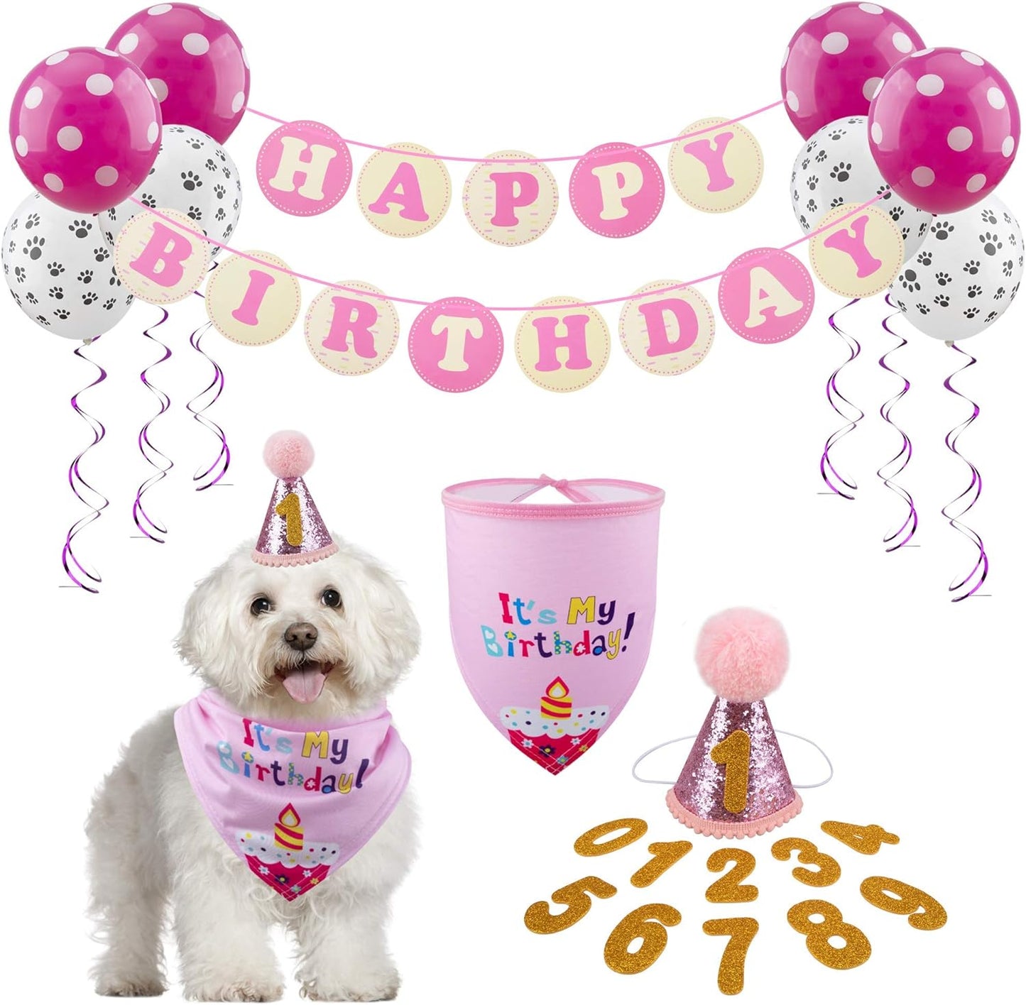 Dog Birthday Party Supplies Bandana Hat Banner Set Boy Girl Cute Bow Tie Scarf Dog Birthday Decorations (Pink,Dog Girl)