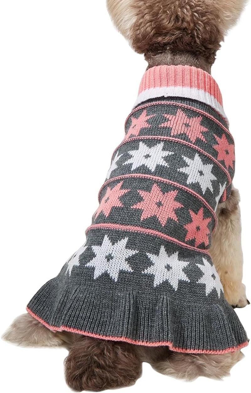Pet Dog Long Sweaters Dress Knitwear Turtleneck Pullover Warm Winter Puppy Sweater Long Dresses (Grey Heart, Small)