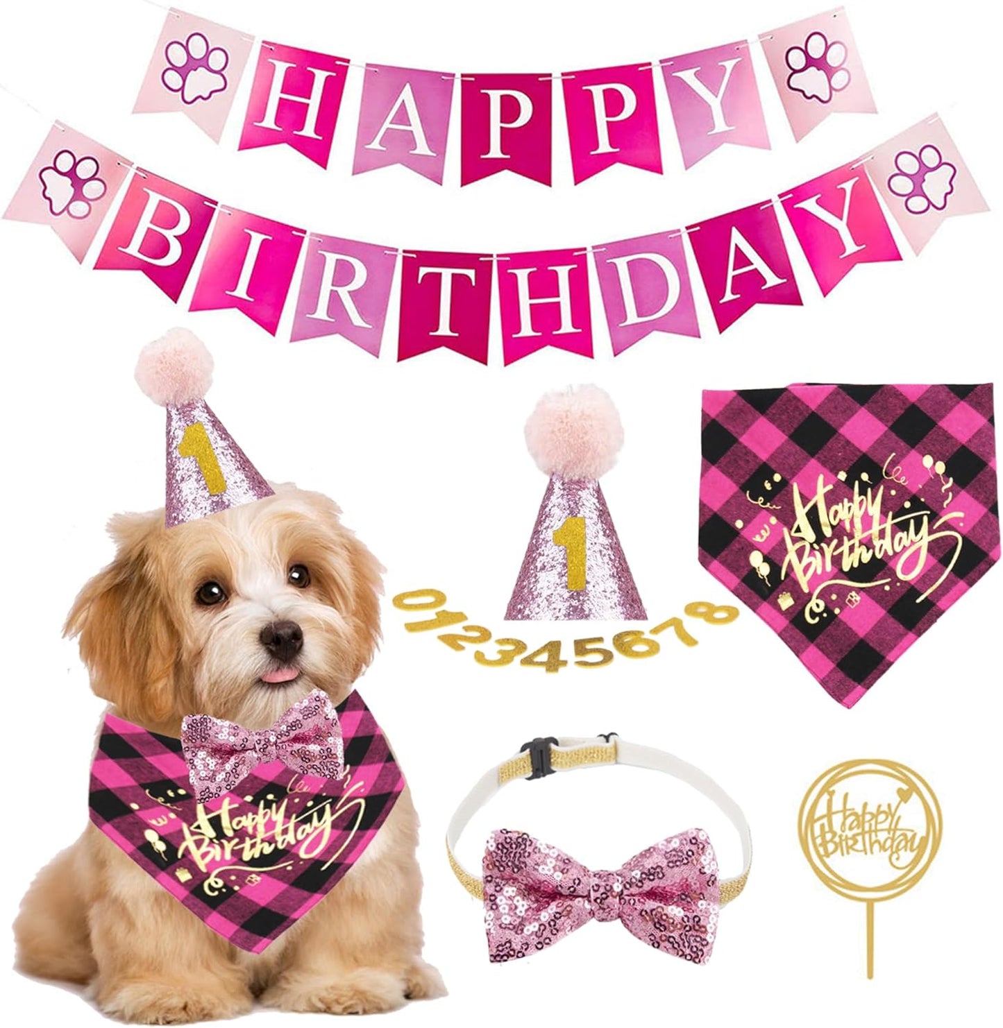Dog Birthday Celebration Kit - First Birthday Bandana, Hat, and Banner for Small to Medium Dogs (Blue)