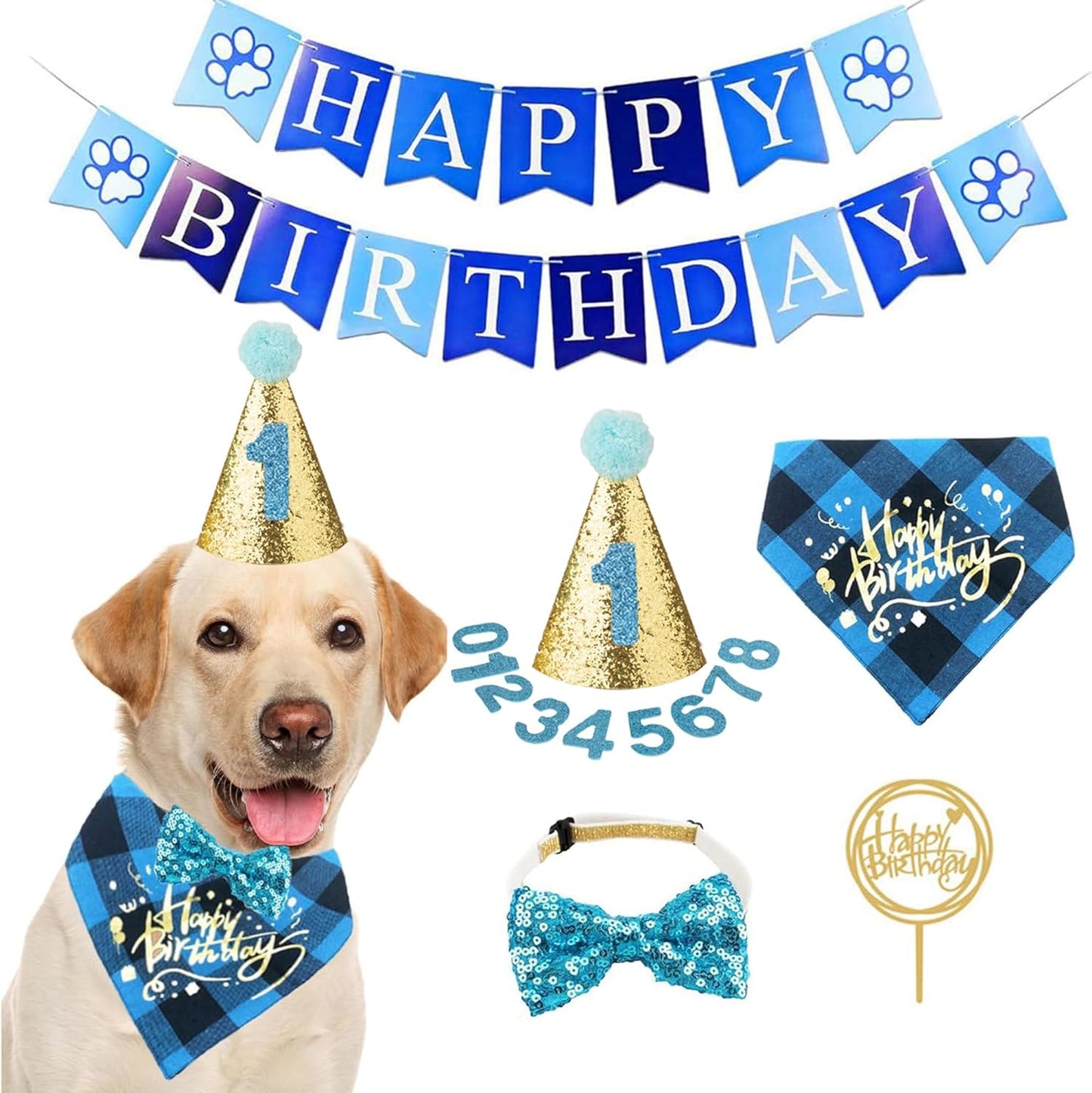 Dog Birthday Celebration Kit - First Birthday Bandana, Hat, and Banner for Small to Medium Dogs (Blue)
