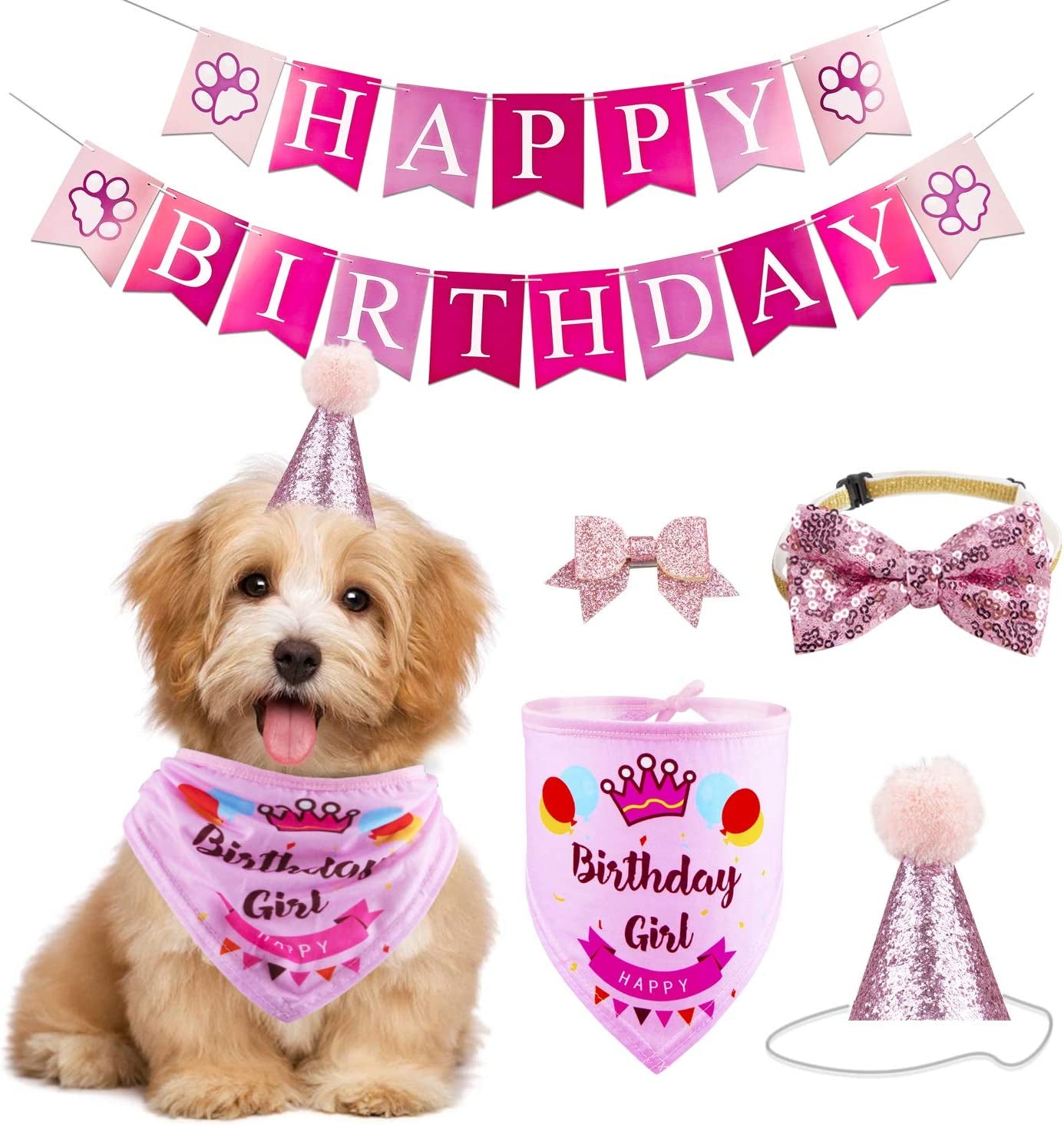 thumbnail image 2 of STMK Dog Birthday Party Set - Pink Bandana, Hat, Bowtie & Banner For Girl Dogs 2 of 10