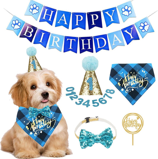 Dog Birthday Celebration Kit - First Birthday Bandana, Hat, and Banner for Small to Medium Dogs (Blue)