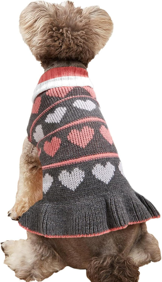 Pet Dog Long Sweaters Dress Knitwear Turtleneck Pullover Warm Winter Puppy Sweater Long Dresses (Grey Heart, Small)